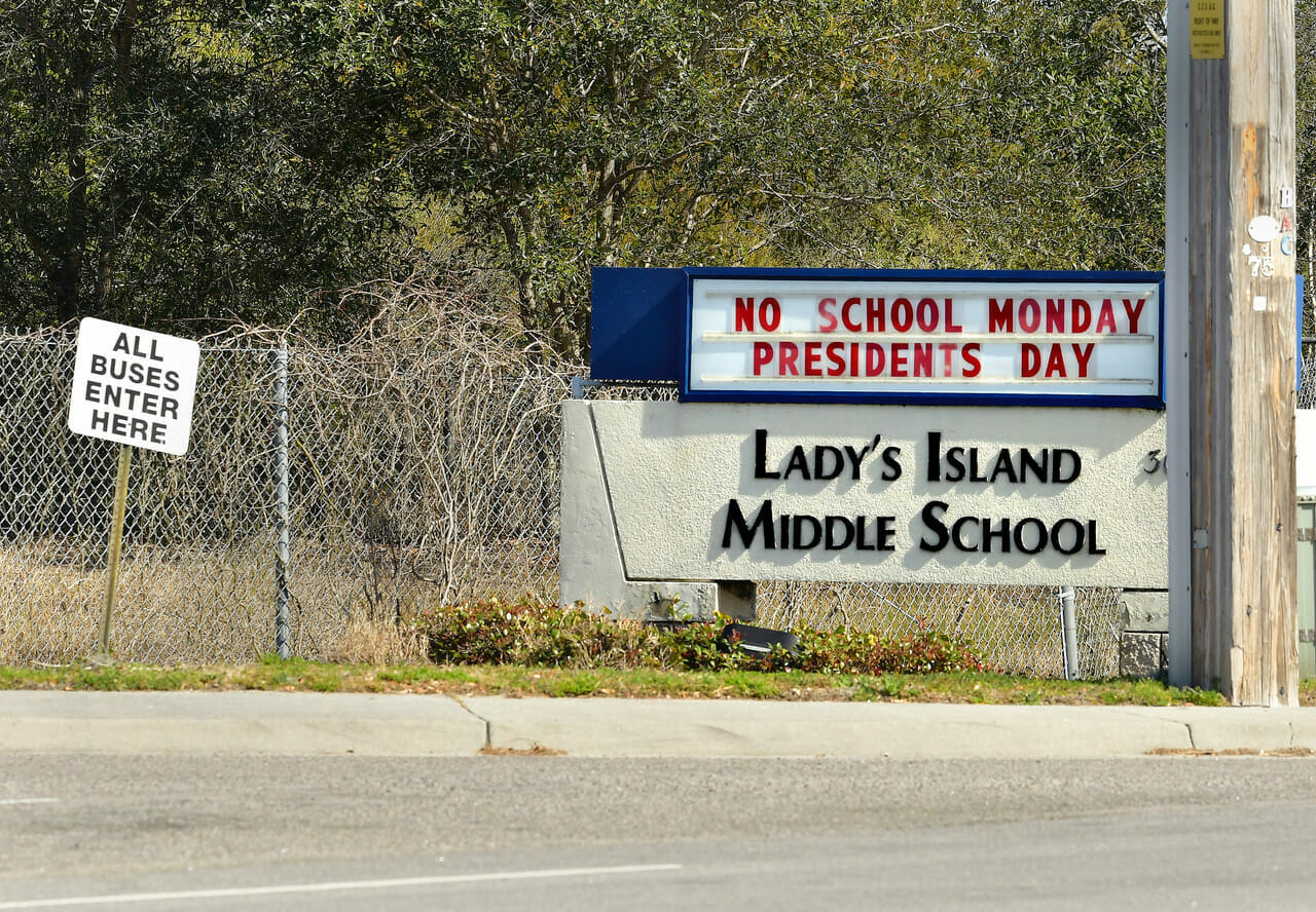 The bus and visitor’s entrance to Lady’s Island Middle School on U.S. 21.