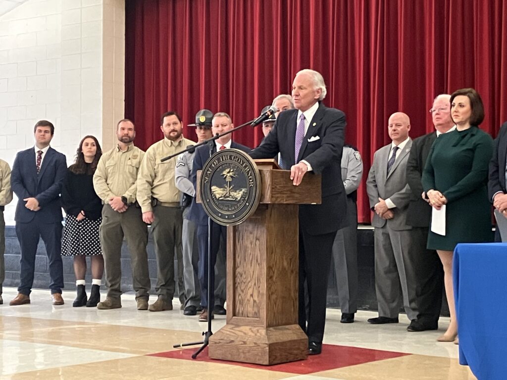 Gov. Henry McMaster outlined nearly $40 million in school safety requests he plans to include in his budget proposal at a ceremonial bill signing in Gilbert, S.C. on Wednesday, Dec. 13, 2023. Abraham Kenmore/S.C. Daily Gazette