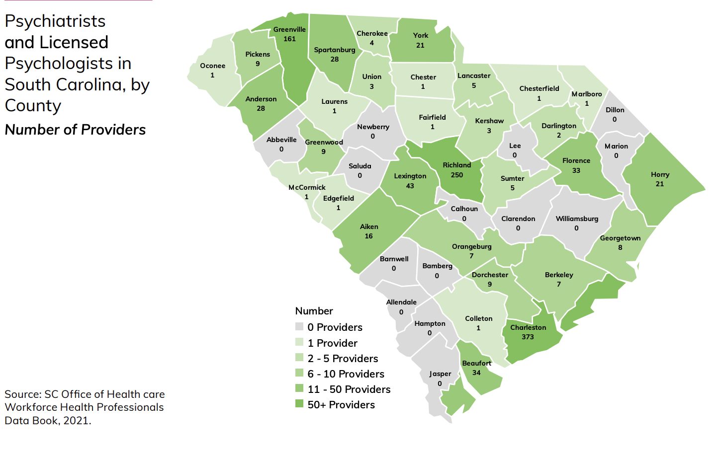 A map of where the state’s practicing psychiatrists and psychologists are located. Of the state’s 46 counties, 14 have no psychiatrists or licensed psychologists. Graphic courtesy of S.C. Department of Health and Environmental Control