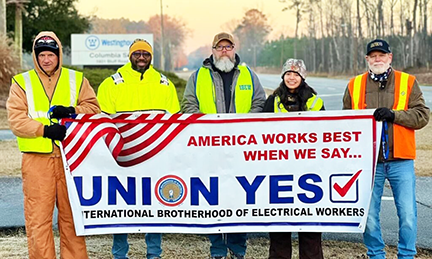 Volunteers participate at a union organizing event Thursday, Jan. 4, 2024, outside Westinghouse Electric Company’s nuclear fuels plant south of Columbia. About 600 employees at the plant are expected to vote on whether to unionize under the International Brotherhood of Electric Workers. Photo courtesy of the South Carolina Progressive Network