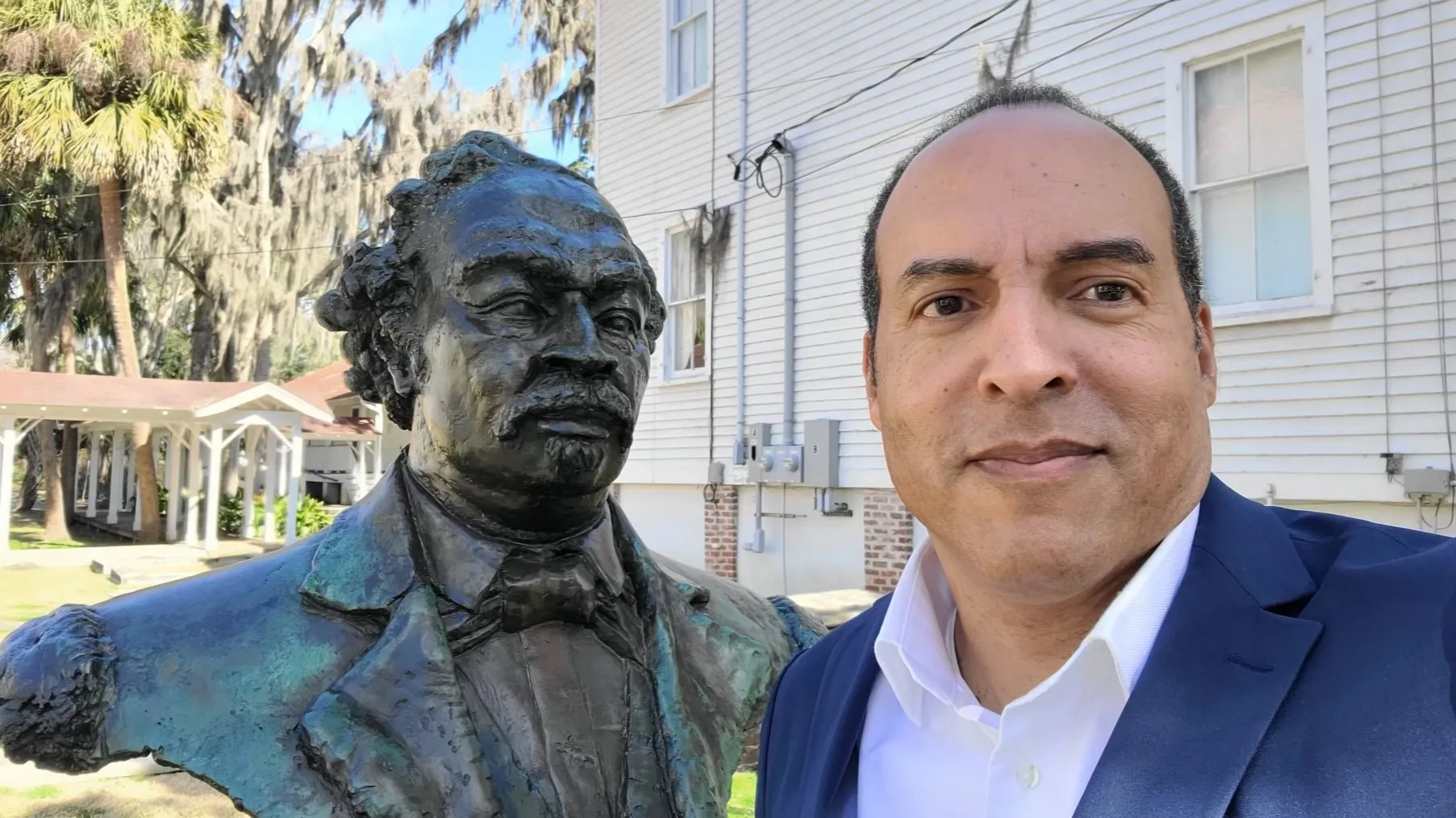 Michael B. Moore poses with the bust of his great-great-grandfather — Beaufort native, Civil War hero and Reconstruction-era Congressman Robert Smalls — at Tabernacle Baptist Church in Beaufort. Submitted photo